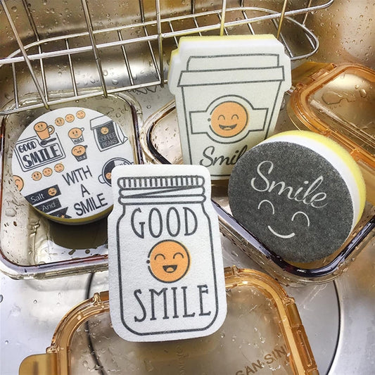 DDGURDH Household Cleaning Sponges Smile Face Cleaning Sponge Magic Decontamination Dish Washing Cloth Kitchen Cleaner Sponges Scouring Pads Kitchen Accessories