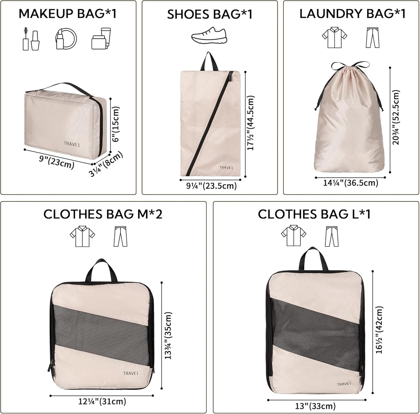 GRANNY SAYS Compression Suitcase Organizer, 6 Pieces Space-Saving Travel Organizer for Suitcases with Zipper, Packing Cubes Compression, Suitcase Organizer Set, Suitcase Organizers, Beige