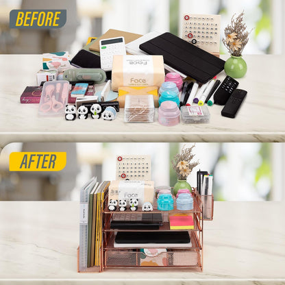 Soilsiu Desk Organizer, Office Desk Accessoreis with Drawer, 4-Tier Dorm Room Essentials for College Students, Pen Holders, Office Supplies Paper File Organizer for Desk, Rose Gold