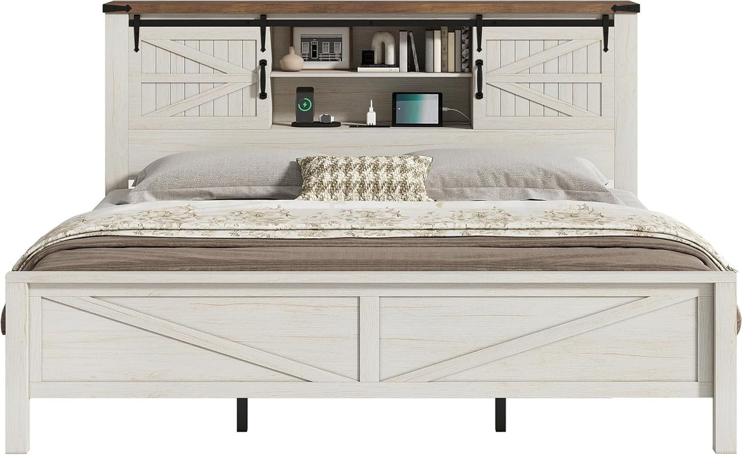 Jocisland Farmhouse Bed Frame with Sliding Barn Door Storage Headboard, Queen Size Bookcase Bed with Charging Station & Adjustable Shelf, No Box Spring Needed, Antique White