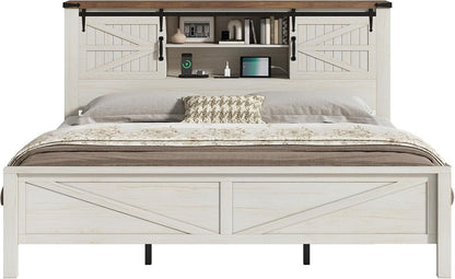 Jocisland Farmhouse Bed Frame with Sliding Barn Door Storage Headboard, Queen Size Bookcase Bed with Charging Station & Adjustable Shelf, No Box Spring Needed, Antique White