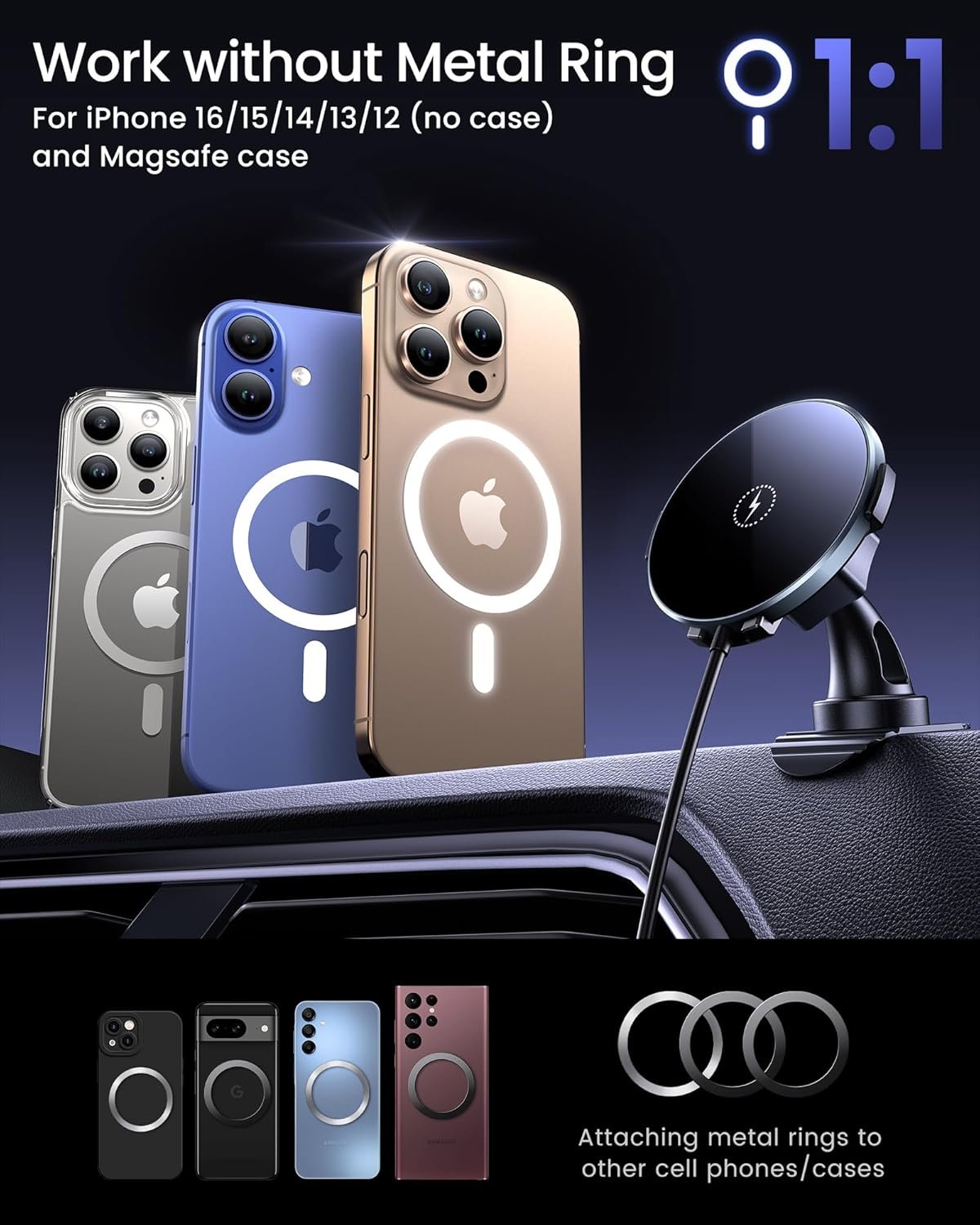 Hoonyer Magnetic Car Mount Charger,Car Phone Holder Mount, Air Vent/Dashboard,15W Fast Magnetic Car Charger for iPhone 16/15/14/13/12 Series, Fast Charging, Black