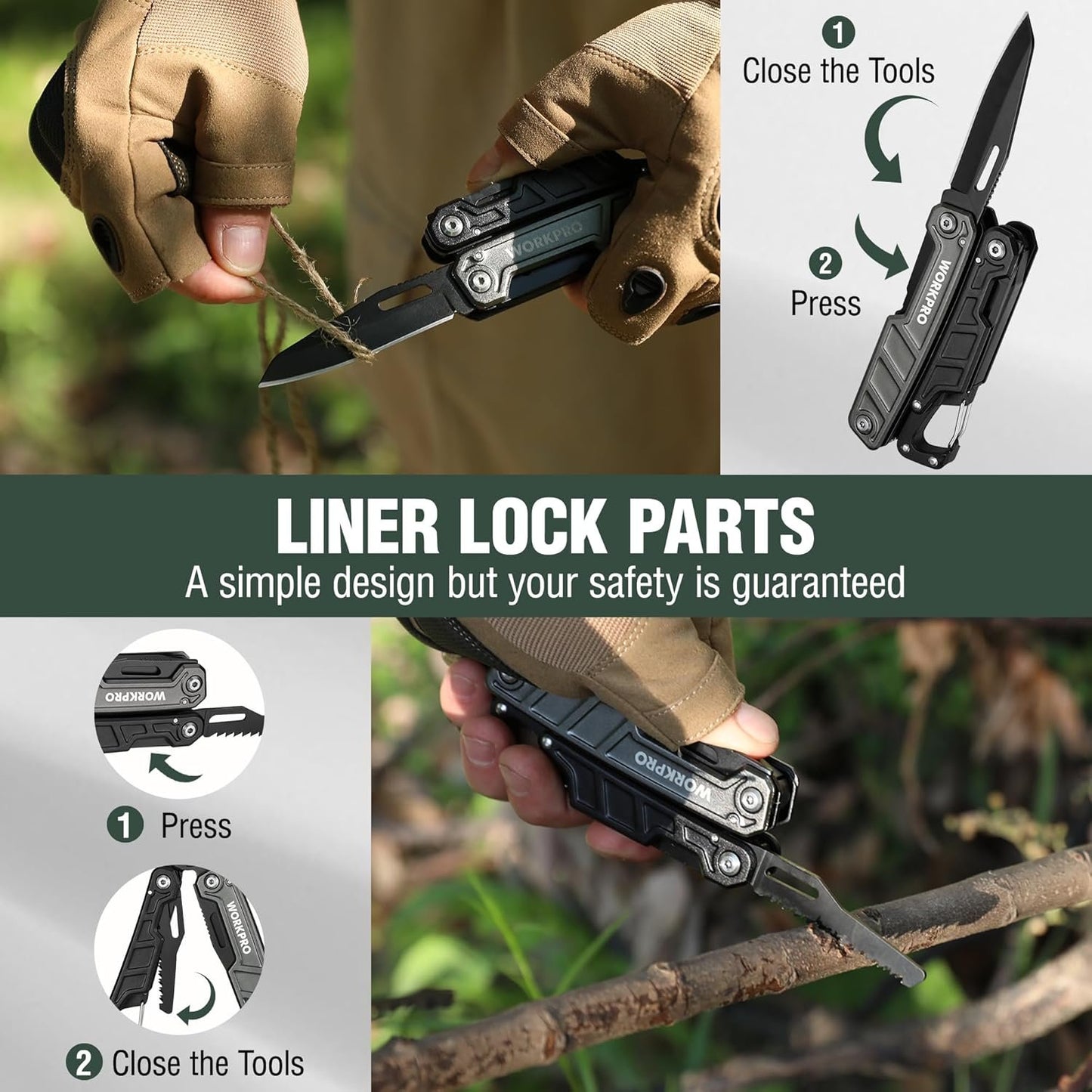 WORKPRO 11-in-1 Stainless Steel Multitool Pliers - EDC Multi-Tool with Safety Lock, Pocket Clip & Sheath - 220g Camping Knife, Screwdriver, Saw, Wire Cutter & Bottle Opener