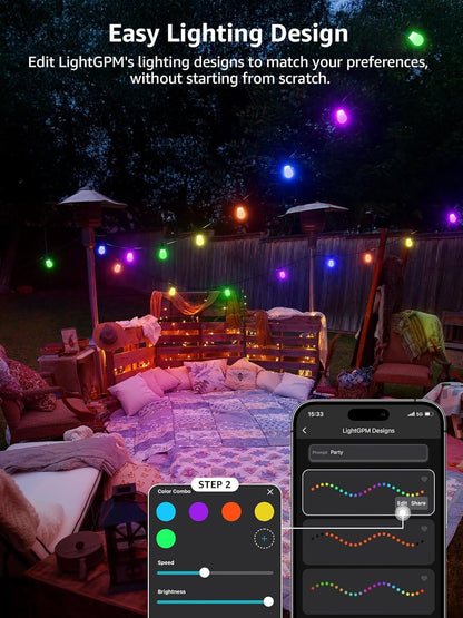 Lepro ZB1 AI Smart String Lights APP Control, 54ft RGB+IC+Warm White Patio Lights 15 LED Bulbs, Alexa Google Enabled Outdoor Lights, AI Generated Lighting LLM, Music Sync, 2.4 GHz WiFi + Bluetooth