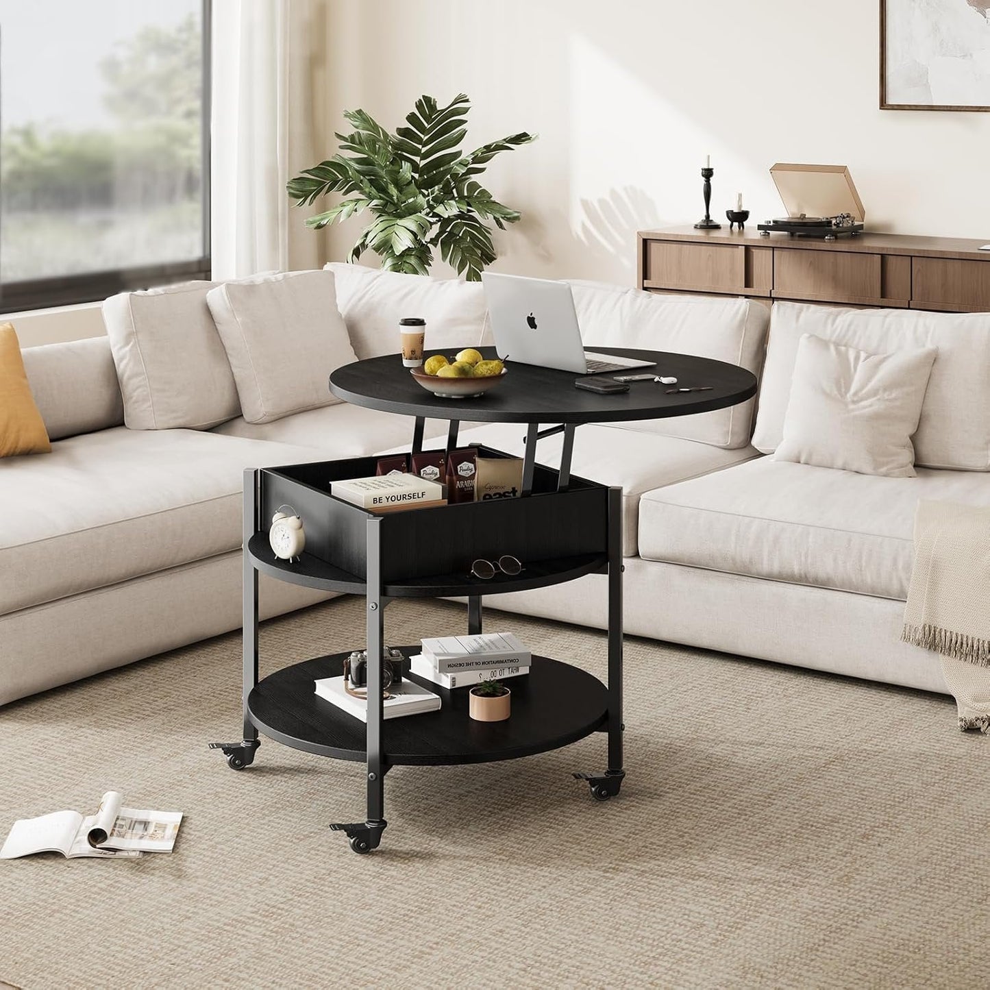 Ablefurn Mid Century Black Coffee Table, 26.77” Lift Top Coffee Table with Removeable Wheels, Hidden Compartment and Open Shelf, Wood Lift Tabletop Central Dining Table for Living Room, Home Office