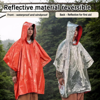 Davonpha Emergency Poncho with Mylar Lined Hood, Reflective, Thickened Double Sided, 90% Heat Retention, Orange, Ultralight Outdoor Survival Blanket for Men, Women, Adults, Camping, Hiking