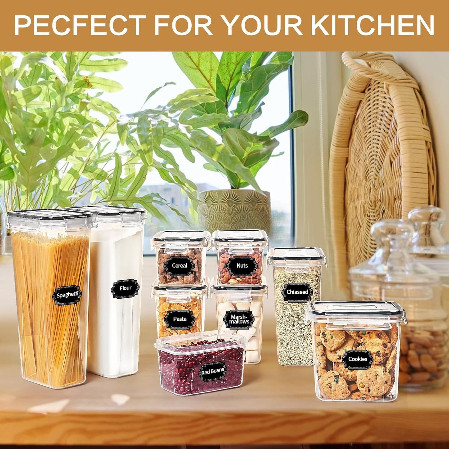 32 PCS Airtight Food Storage Containers with Lids, Skroam Kitchen and Pantry Organizers and Storage, BPA Free, Plastic Food Storage Canisters for Flour, Sugar, and Cereal, Labels & Marker