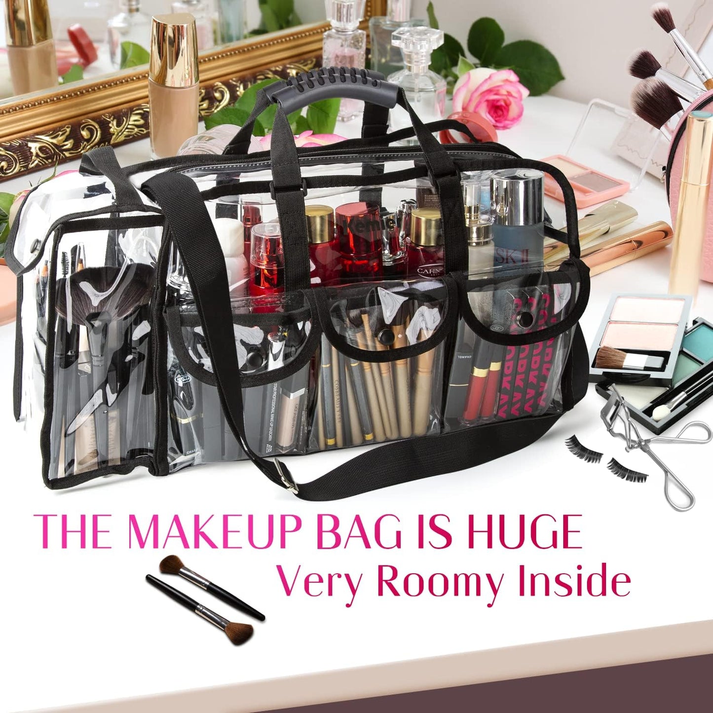Kemier Transparent Travel Beauty Case with 6 External Pockets Large Cosmetic Organizer with Shoulder Strap