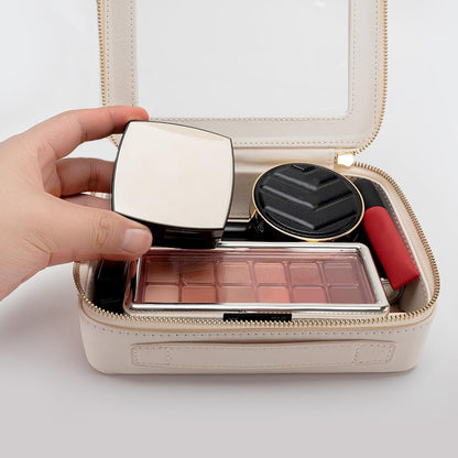 Makeup Bag for Women, Clear Cosmetic Bags Travel Toiletry Bag, Heavy Duty Makeup Organizer, Cute Makeup Case Bag Accessories with Clear Windows & Gold Zippers(White)