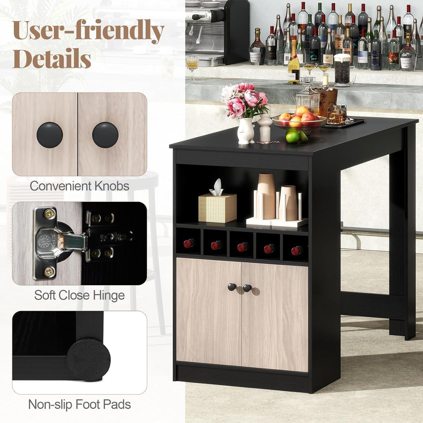 COSTWAY 48" Bar Table with Storage Cabinet & Wine Rack, Home Dining Table, Multifunctional Bistro Table w/Wine Rack, Kitchen Breakfast Table, Ideal for Coffee Shop, Pub, Living Room
