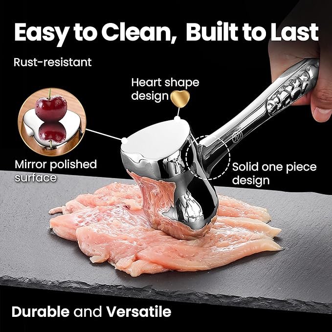 Meat Tenderizer Mallet Stainless Steel, Premium Meat Hammer Tenderizer with New Heart Design, Kitchen Mallet for Chicken, Conch, Veal Cutlets & Beef, Steak Pounder Flattener with 5 years Warranty