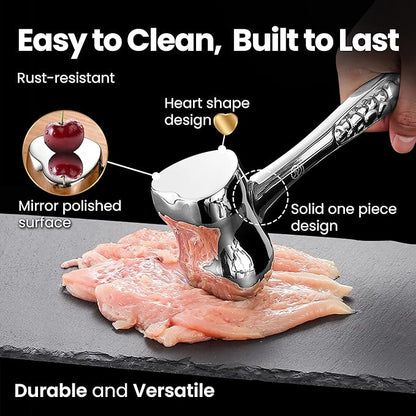 Meat Tenderizer Mallet Stainless Steel, Premium Meat Hammer Tenderizer with New Heart Design, Kitchen Mallet for Chicken, Conch, Veal Cutlets & Beef, Steak Pounder Flattener with 5 years Warranty