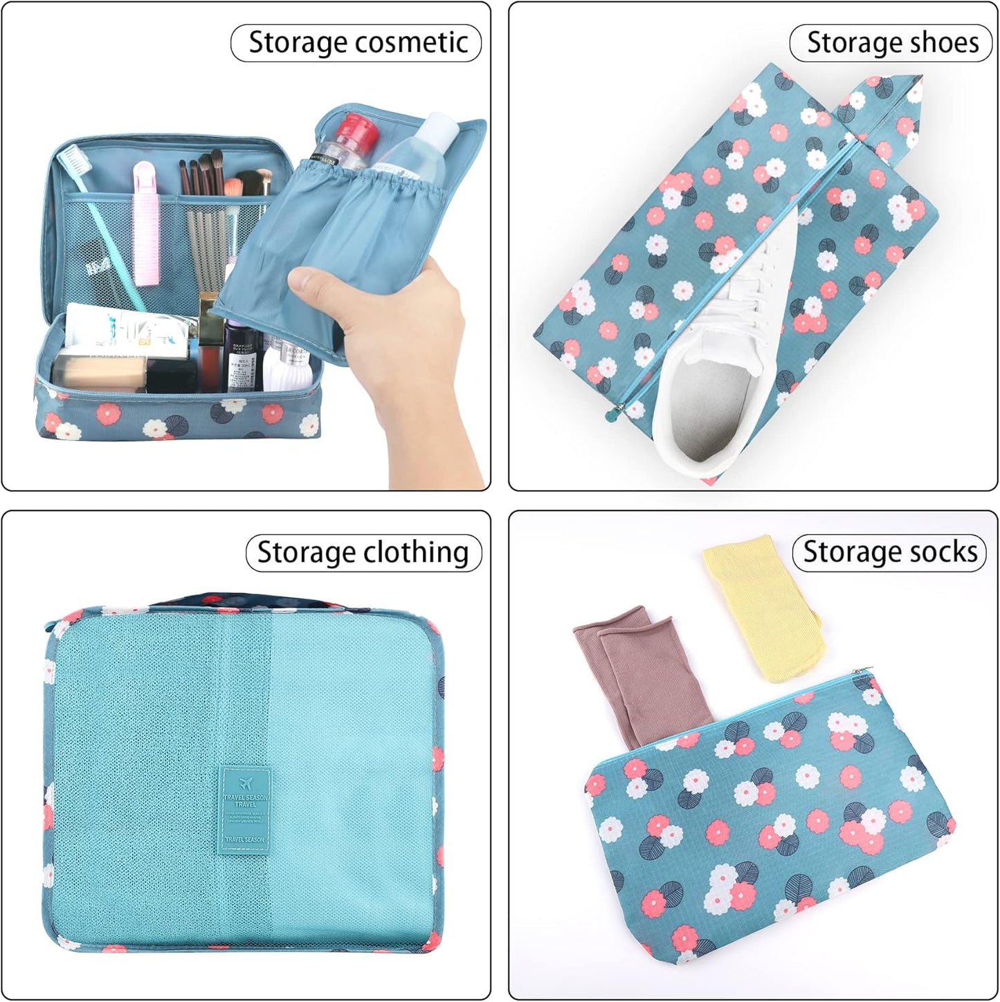 Coolzon Travel Suitcase Organizer Set of 8 Pieces, Perfect Storage Cubes Travel Luggage Organizer for Clothes, Cosmetics, Shoes, Underwear, Blue Flowers
