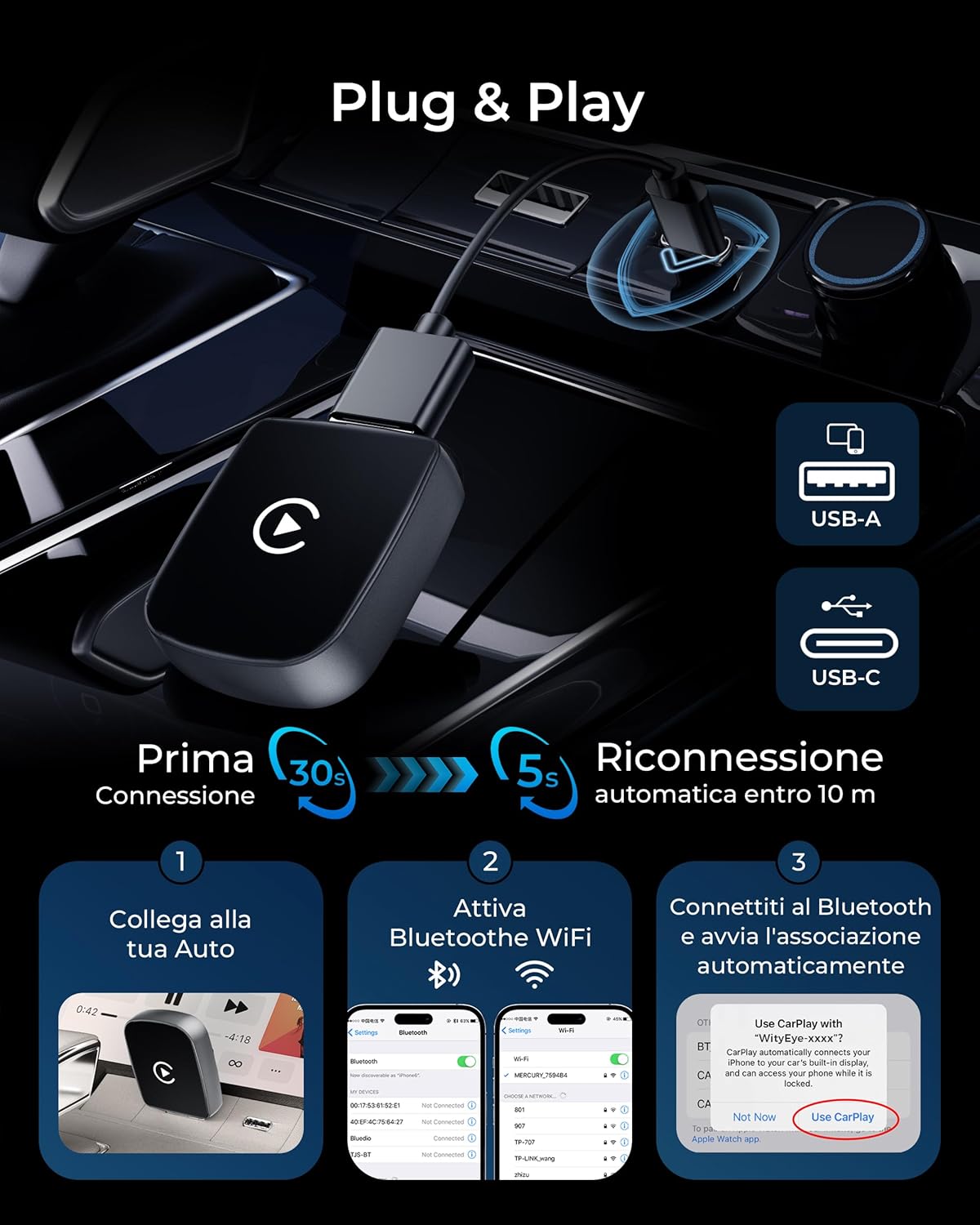 WityEye Carplay Wireless Adapter, Bluetooth V5.3 Stable Connection, 5.8GHz WiFi/USB C/A Fast Data Transfer for Apple iPhone iOS 10+