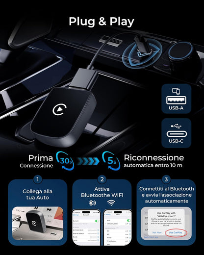 WityEye Carplay Wireless Adapter, Bluetooth V5.3 Stable Connection, 5.8GHz WiFi/USB C/A Fast Data Transfer for Apple iPhone iOS 10+