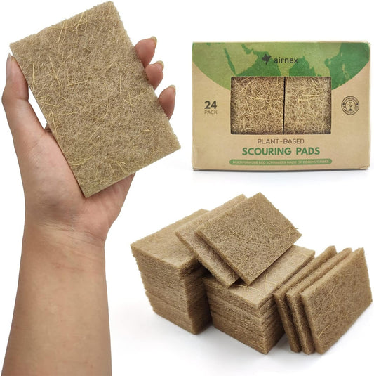 AIRNEX Dish Scrub Sponges for Dishes - Pack of 24 Coconut Fiber Dish Scrubbers for Cleaning - Non Scratch Odourless Dish Sponges Scour Pads - Multipurpose Heavy Duty Kitchen Sponge Scouring Pad