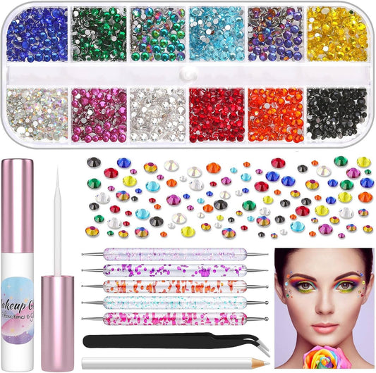 3600Pcs Face Gems Eyes Jewels with Glue for Makeup Rhinestone, Shynek Flatback Rhinestone Colored Eye Gems Crystal with Tweezers Dotting Tools for Nail Art Body Hair Eye Makeup Crafts Decoration