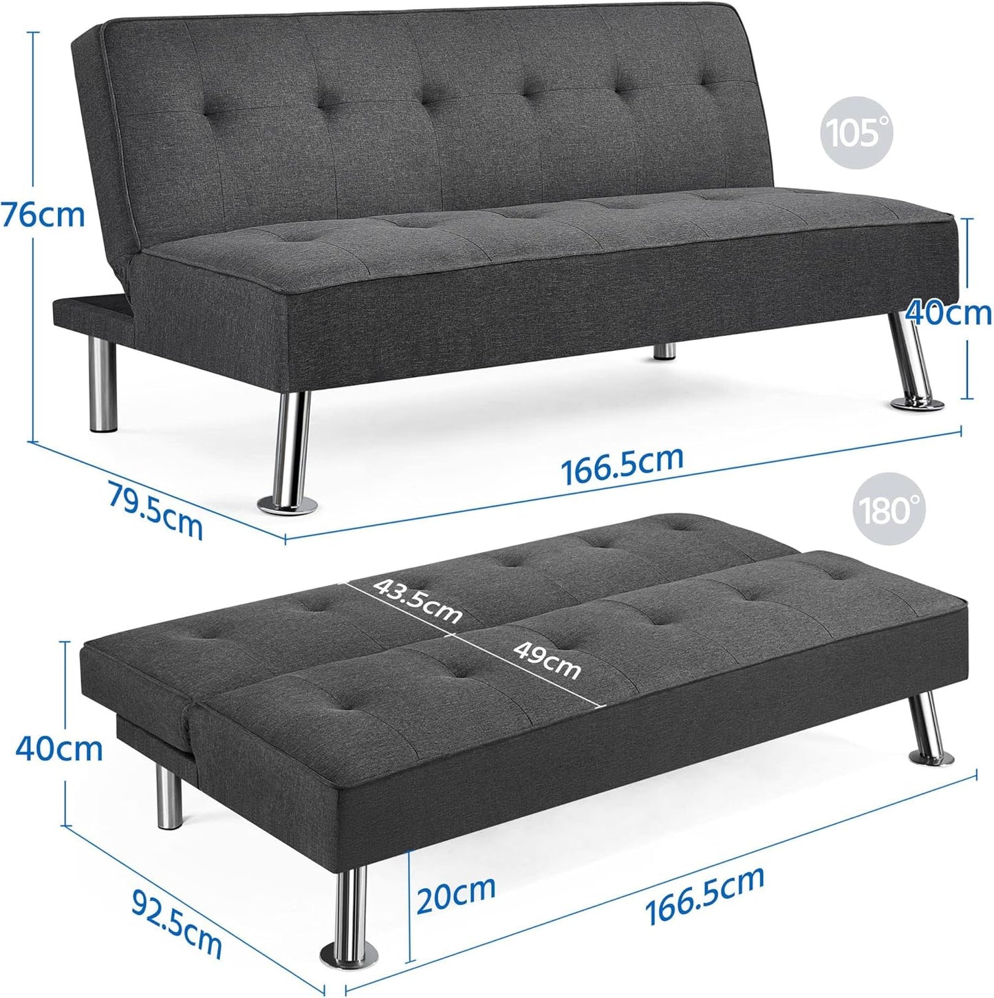 Yaheetech Reclining Sofa Bed with Padded Seat Convertible into Bed 105° – 180° Adjustable Living Room Living Room Guest Room Furniture for Resting Dark Grey/Fabric