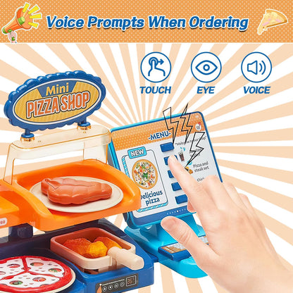 fisca Pretend Play Store 35 Piece Pizza Play Set with Cash Register for Preschool Kids Pretend Role Play Toy Pizza Shop Kids Playset 3+