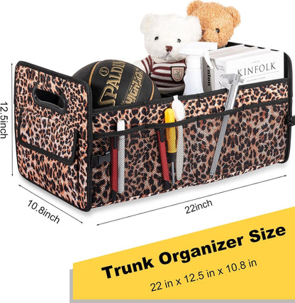JiatuA Car Trunk Organizer, Car Organizers and Storage Collapsible Multi Compartment Container Box, Adjustable Car Accessories for SUV Sedan Truck, Standard Size, Leopard print