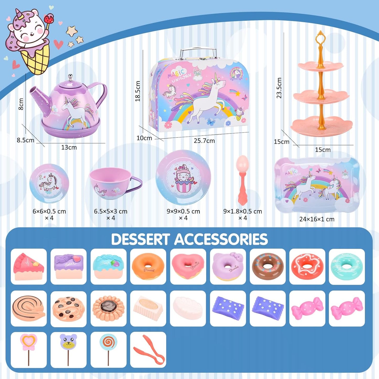 REMOKING Unicorn Toys for Girls,48 PCS Kids Tea Set for Kids,Pretend Toy with Play Desserts,Tin Teapot,Educational Play Food Princess Toy Gift,Toddler Toys for 3-7 Year Old Girls Boys