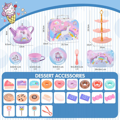 REMOKING Unicorn Toys for Girls,48 PCS Kids Tea Set for Kids,Pretend Toy with Play Desserts,Tin Teapot,Educational Play Food Princess Toy Gift,Toddler Toys for 3-7 Year Old Girls Boys