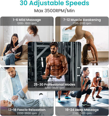 Muscle Massage Gun, 30 Speeds Deep Tissue Muscle Massager Gun, 2500 mAh Rechargeable Battery, 3300RPM Silent Electric Massager, 10 Heads, LCD Touch Screen