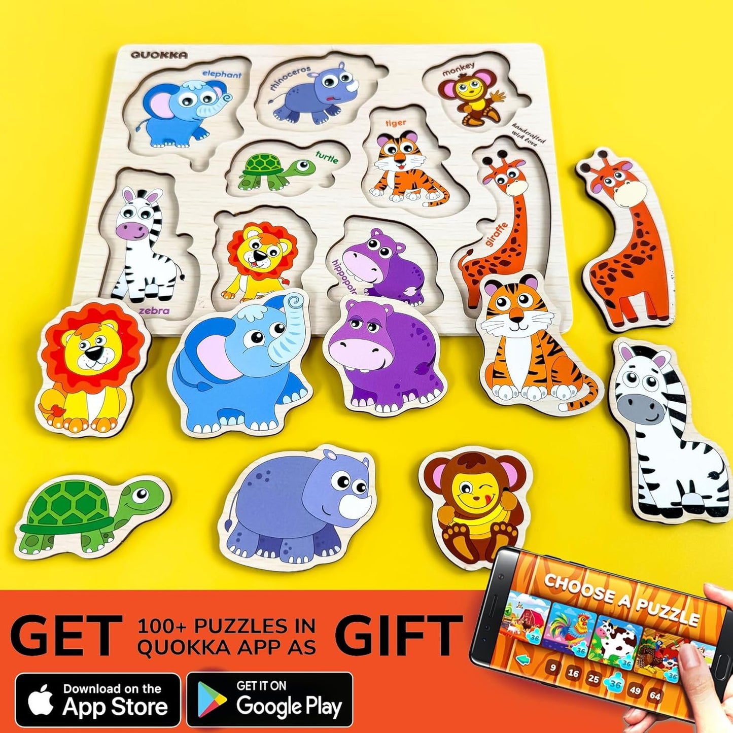 QUOKKA Wooden Puzzle for Toddlers 1-3 – Pegged Puzzle for Kids Ages 3-5 – Animal Safari Learning Toy – Realistic Educational Game for Boys & Girls