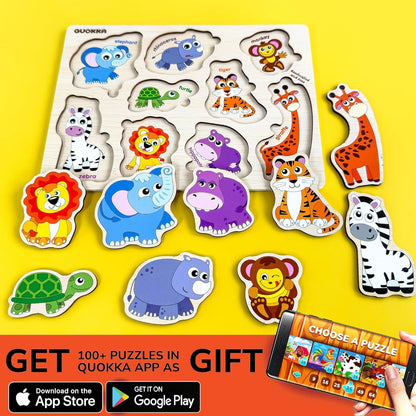 QUOKKA Wooden Puzzle for Toddlers 1-3 – Pegged Puzzle for Kids Ages 3-5 – Animal Safari Learning Toy – Realistic Educational Game for Boys & Girls