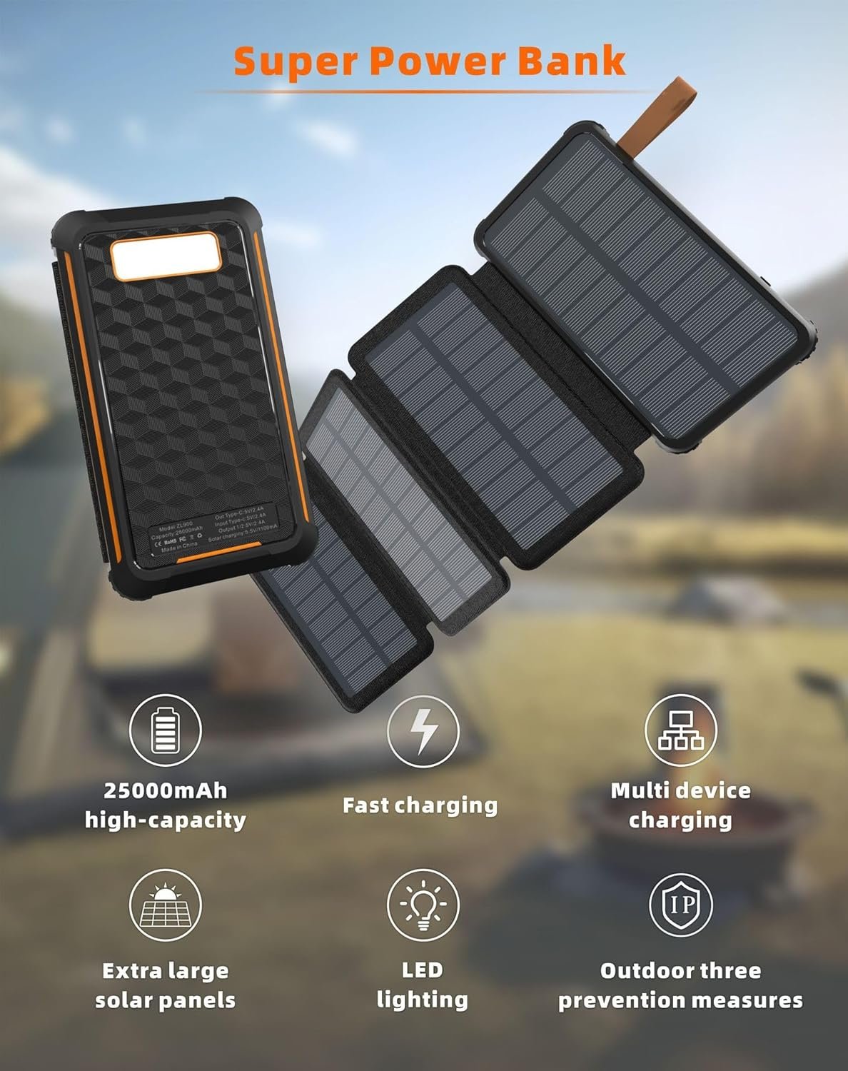 Foldable solar power bank – lightweight and portable | one-touch unfolding | large capacity and multiple outputs – suitable for outdoor camping and long-distance travel (Wireless charging,black)