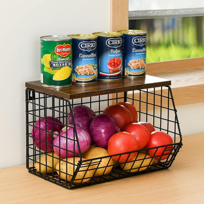 Wetheny 2pcs Fruit Basket Onion Storage Wire Basket with Wood Top- Wall Mounted & Stackable Kitchen Counter Organizer,Cabinet Organizer Bin for Potato,Produce,Bread,Snack Storage(Matte Black)