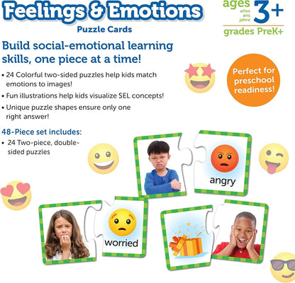 Learning Resources Feelings & Emotions Puzzle Cards, Social Skills, Autism Learning Materials, Speech Therapy Materials, Social Emotional Learning Toys and Games for Kids, 48 Pieces, Ages 3+