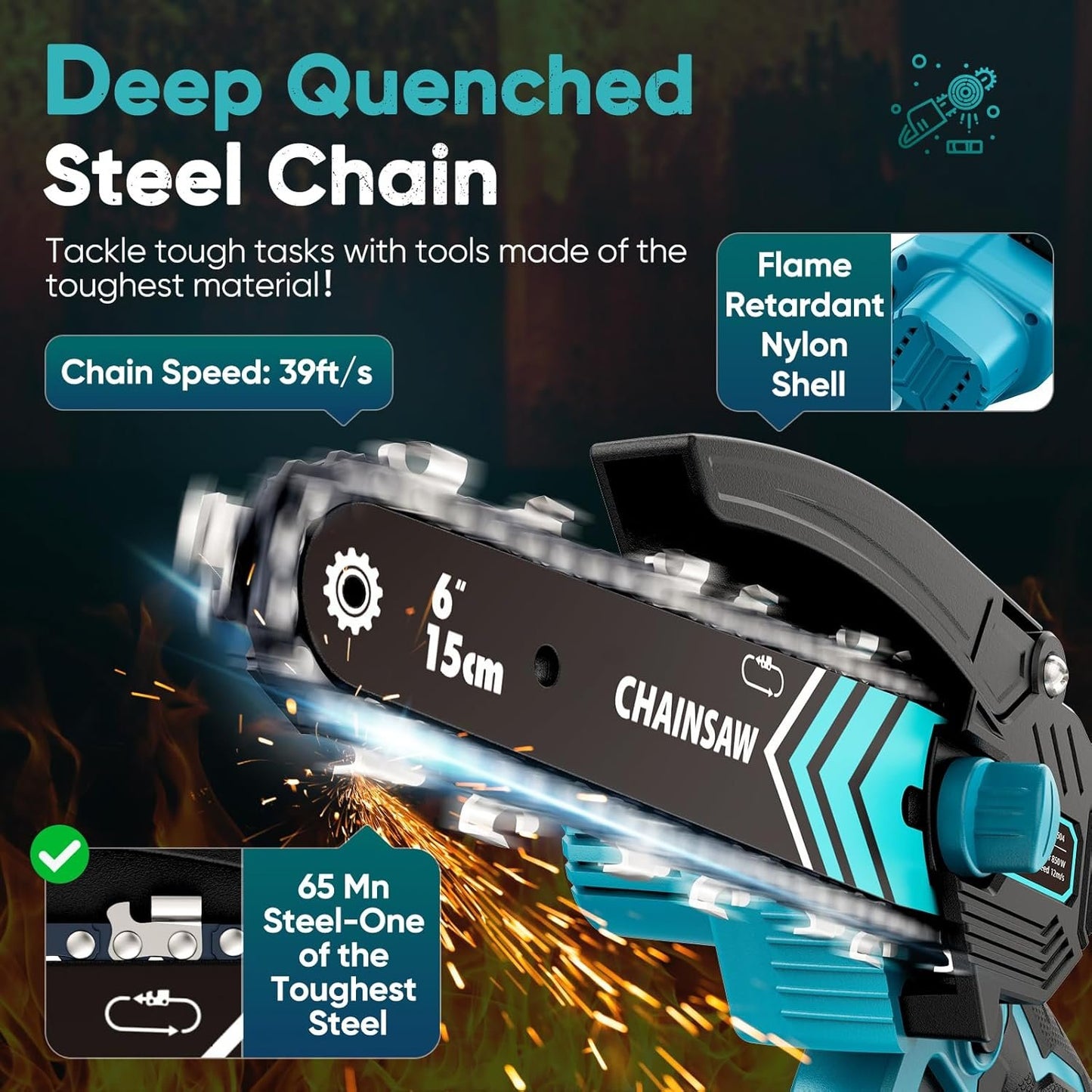Mini Chainsaw Cordless 6 Inch, Battery Powered Chainsaw with LED Light, Safety Lock, Copper Motor, 21V Rechargeable Battery, Tool-Free Installation for Tree Trimming & Wood Cutting