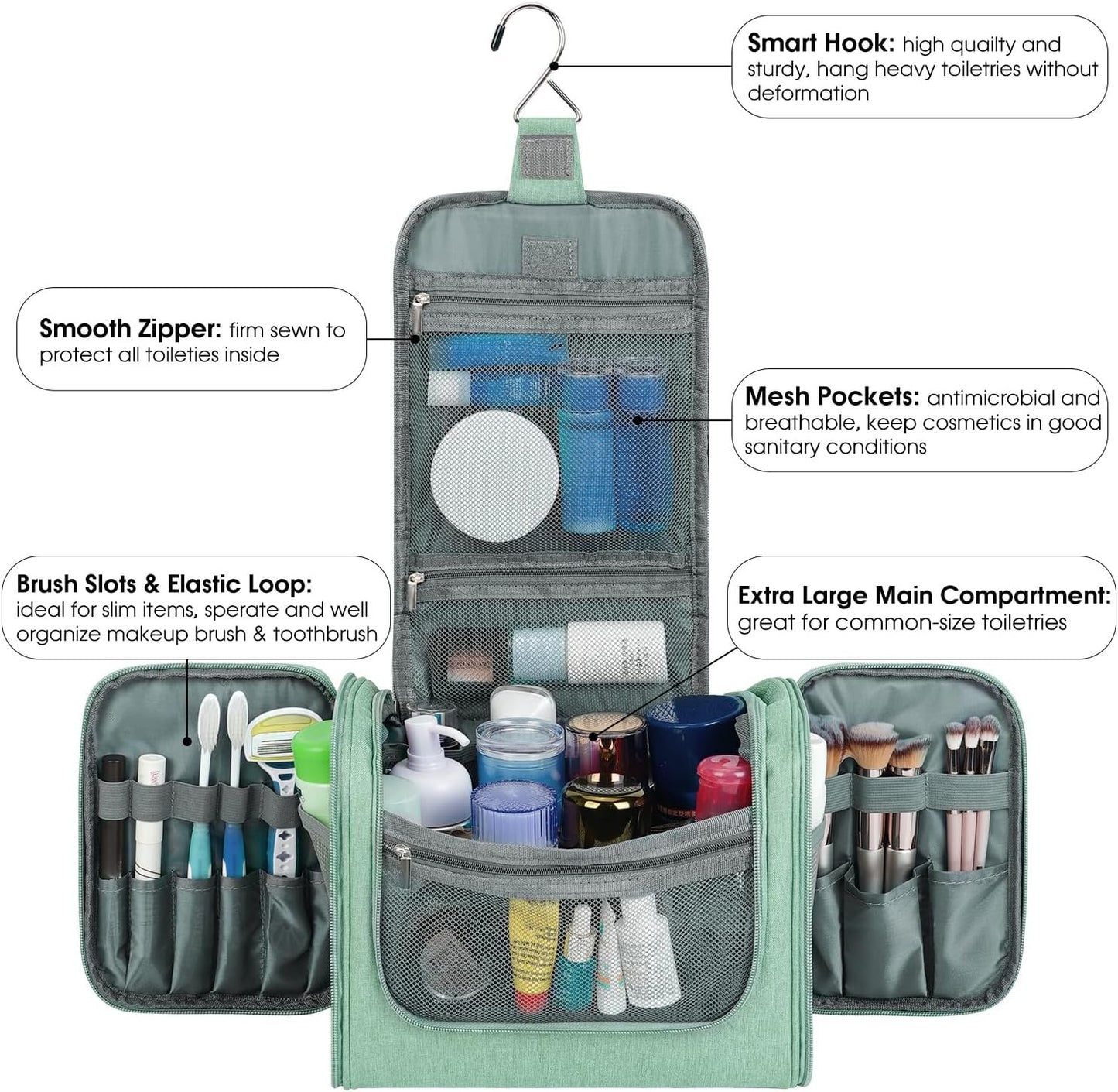 Large Hanging Toiletry Bag for Men and Women Travel Makeup Bag Organizer Portable Waterproof Bathroom Shower Bag Lightweight Shaving Bag (Green)