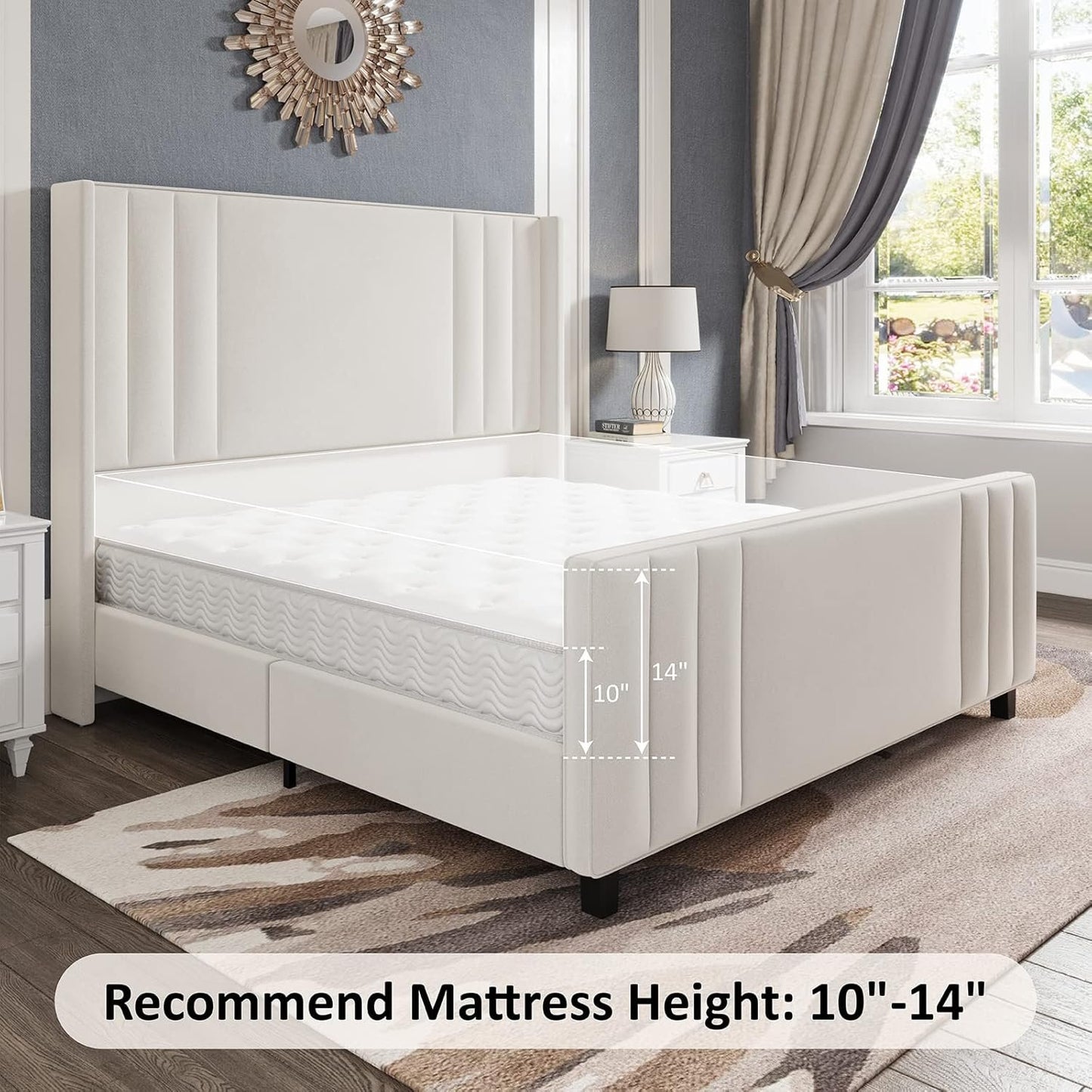 Jocisland Queen Size Platform Bed Frame, Upholstered Bed with Vertical Channel Tufted Wingback Headboard & Footboard, Premium Velvet, No Box Spring Needed, Cream
