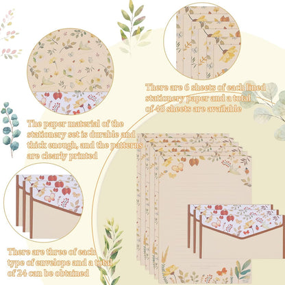 72Pcs Stationery Paper and Envelopes Set Contain 48Pcs Letter Paper 24Pcs Envelopes Double Sided Floral Design Lined Stationary Set for Writing Letters Poem Office School Supplies