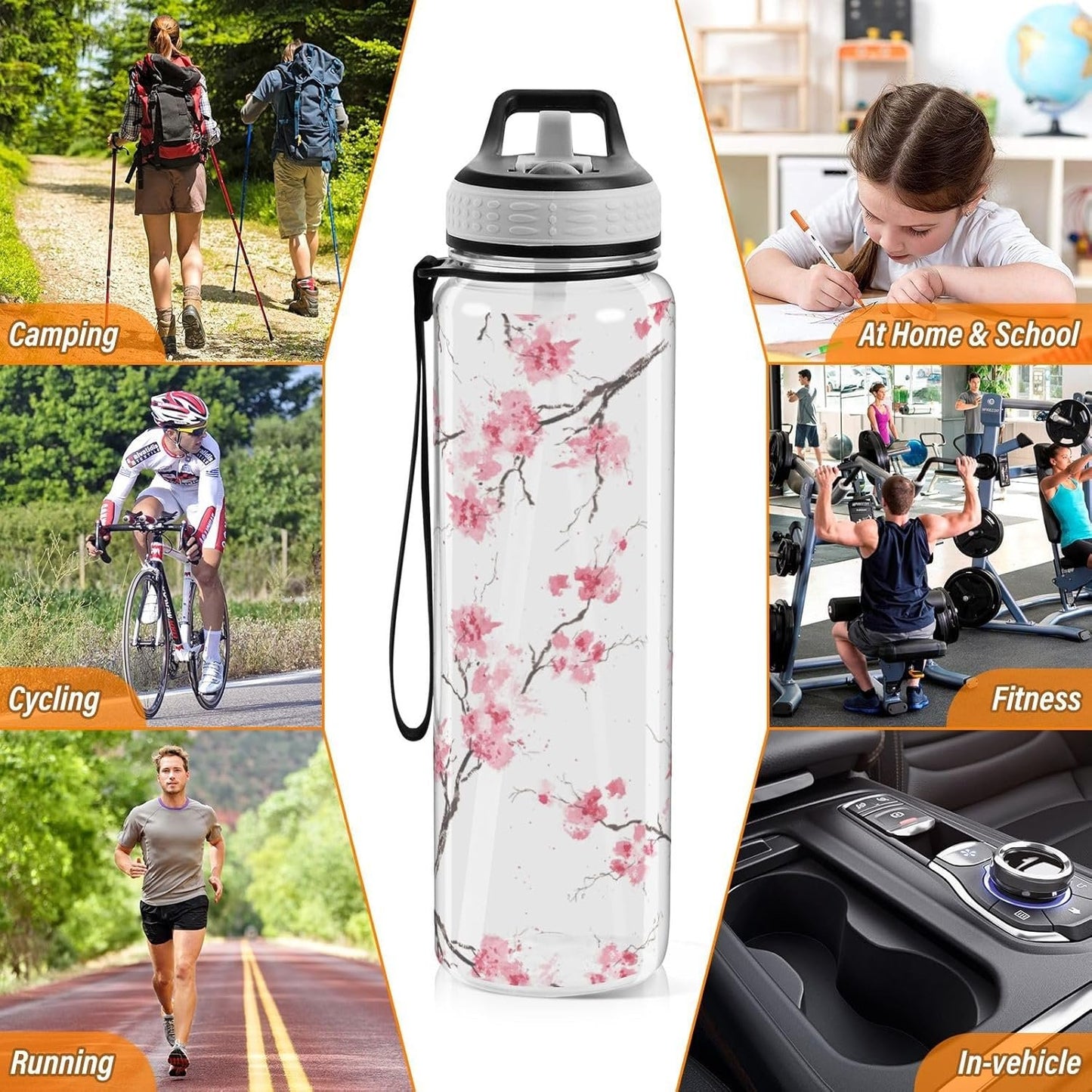 Blueangle 32oz Sakura Branches Sports Water Bottle with Straw, BPA Free Tritan Reusable Plastic Bottles for Gym and Outdoor（481）