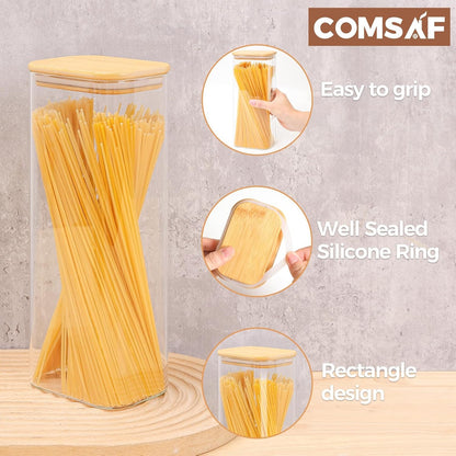 ComSaf 71oz Rectangle Glass Storage Containers with Lids, Glass Jars with Bamboo Lids, Clear Food Storage Jar, Tall Spaghetti Container, Pantry Storage Container for Pasta Flour Oats Nuts Rice