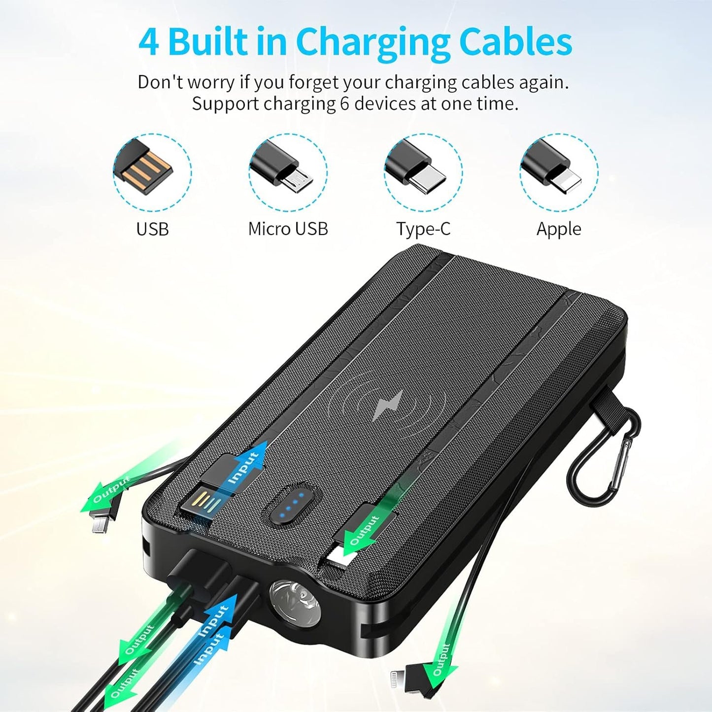 Solar Portable Power Bank Charge 6 phones at the Same Time 30000mAh Solar Charger With 4 wires and Wireless Charging Function LED Camping Lights External Battery Pack Outdoor Camping Equipment (Black)