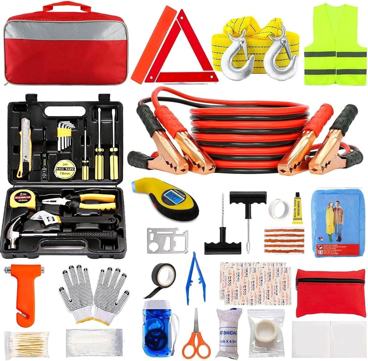 Car Emergency Kit,Multifunctional Roadside Assistance Auto Safety Tool with First Aid Kit, Jumper Cables, Tow Strap, Rain Coat, Tire Pressure Gauge for Your Car, Truck or SUV (Car Emergency Tool2)