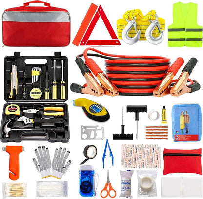 Car Emergency Kit,Multifunctional Roadside Assistance Auto Safety Tool with First Aid Kit, Jumper Cables, Tow Strap, Rain Coat, Tire Pressure Gauge for Your Car, Truck or SUV (Car Emergency Tool2)