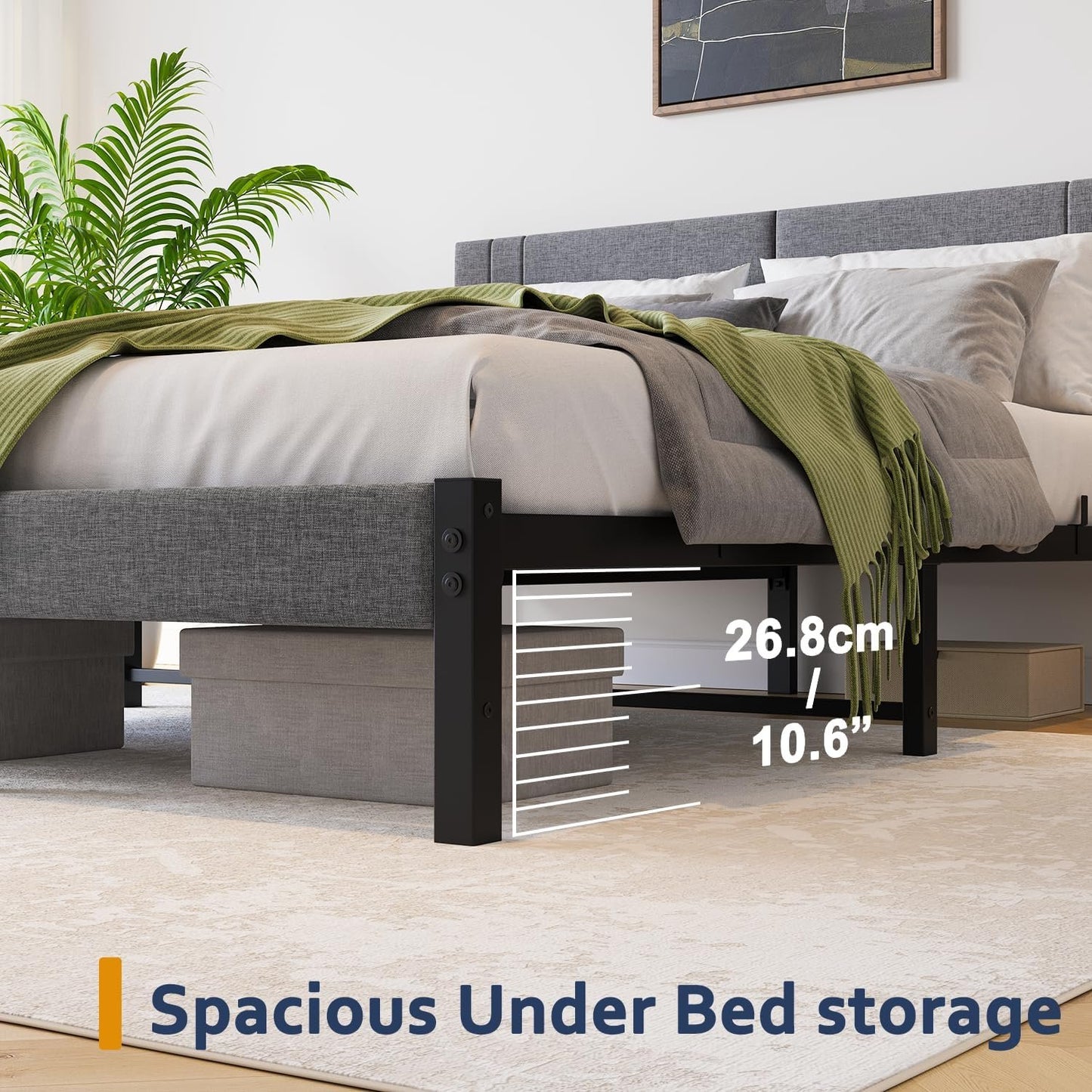 Queen Bed Frame, DUMEE Bed Frame Queen Size with Upholstered Headboard, Upholstered Bed Frame with Metal Slats Enhanced Support, No Box Spring Needed, Dark Gray Queen Bed