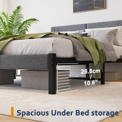 Queen Bed Frame, DUMEE Bed Frame Queen Size with Upholstered Headboard, Upholstered Bed Frame with Metal Slats Enhanced Support, No Box Spring Needed, Dark Gray Queen Bed