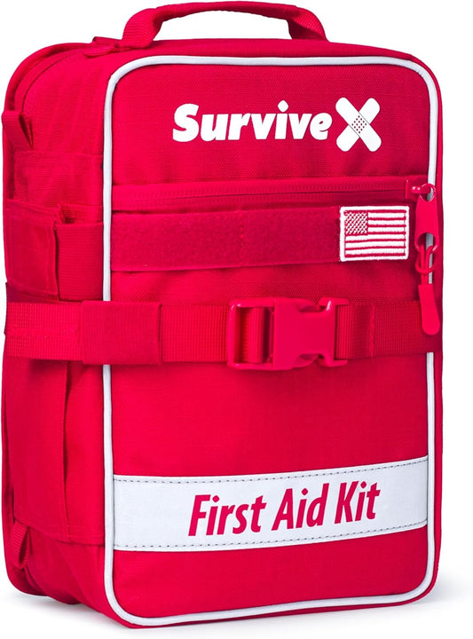 SurviveX Large First Aid Kit for Car, Travel & Home - Emergency Kit for Hiking, Camping, Backpacking and Outdoor Adventures - Includes Zip Stitch Wound Closure Strips