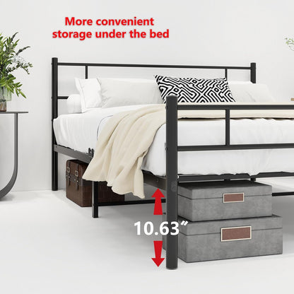 JUISSANO Metal Queen Bed Frame with Headboard,Platform Bed Frame Queen Size Mattress Foundation,No Box Spring Needed,Under Bed Storage,Steel Slats Support,Noise Free,Black Queen Size Bed Frame