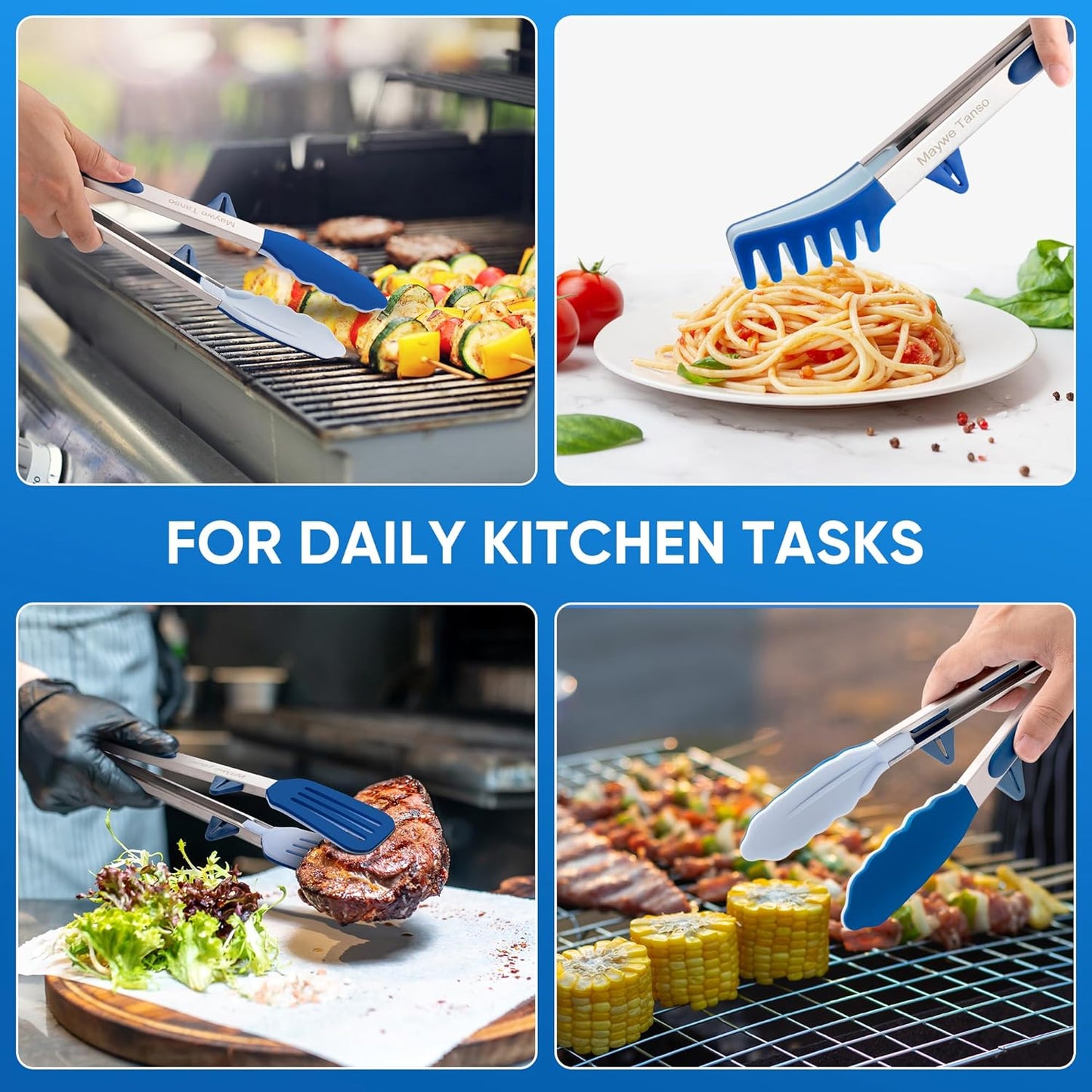 5-Pack Silicone Tongs for Cooking,Maywe Tanso 4PCS 13-Inch Cooking Kitchen Tongs with Silicone Tips,Nonstick Stainless Steel Tongs for Steak Pie Pizza Pasta Spaghetti Salad BBQ Buffet,Plus Brush
