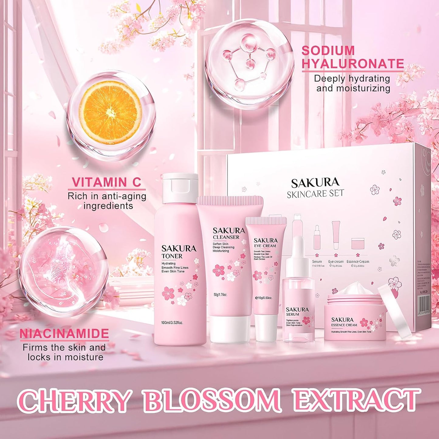 Miioto Full Face Skincare Set, Sakur Skincare Kit, Face Skincare Products, Skin Care Kit with Cleanser, Tonic, Face Cream, Serum and Eye Cream, Moisturizing and Anti-Aging, 5 Pieces (B)