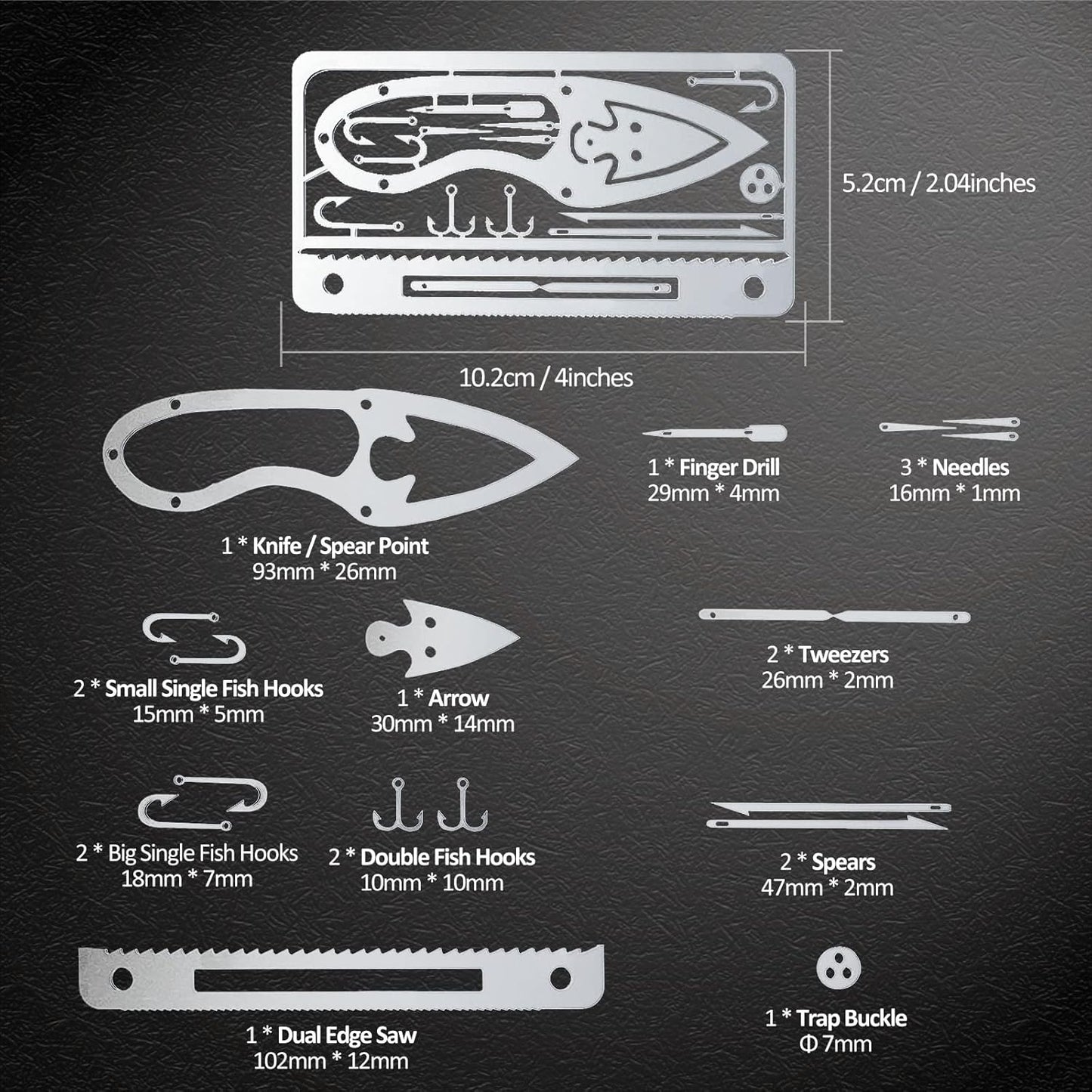 Survival Card Multitool Camping Kit with Fishing Line Gear, Multipurpose Credit Card Wallet Portable Survival Tool with Felt Bag for Outdoor Fishing Hiking Hunting, 7PCS