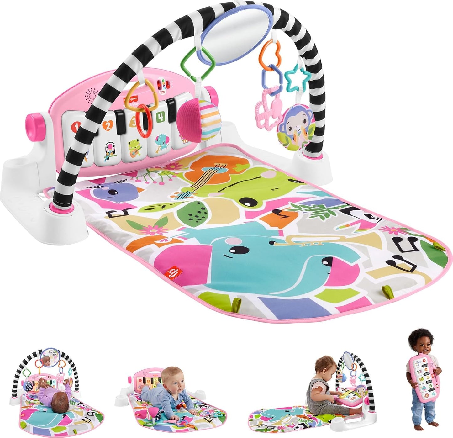 Fisher-Price Baby Activity Mat Glow and Grow Kick & Play Piano Gym, Portable Musical Toy with Smart Stages Learning, Ages 0+ Months, Pink, Queens English Version
