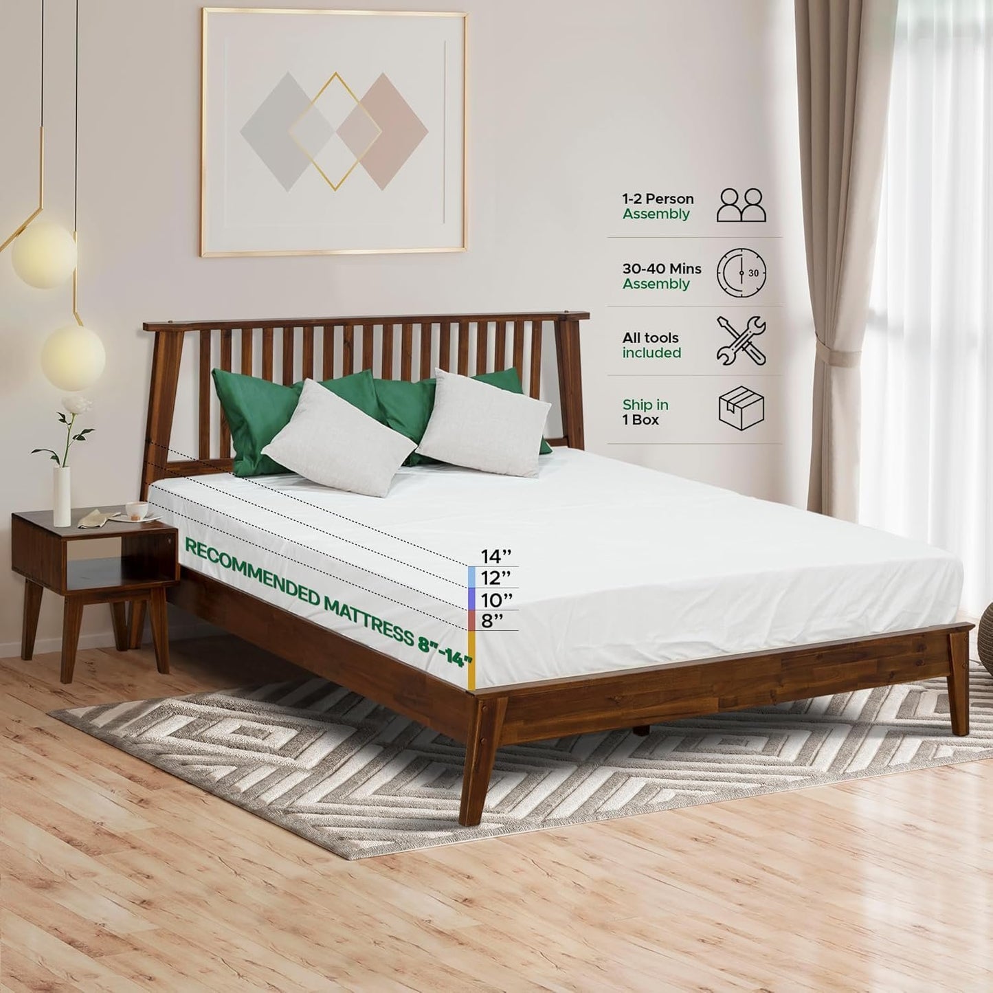 Acacia Kaylin King Solid Wood Platform Bed Frame – Gift Matching Nightstand Included, Mid Century Modern, Walnut Finish, 800 lbs Capacity, No Box Spring, Storage, Easy Assembly